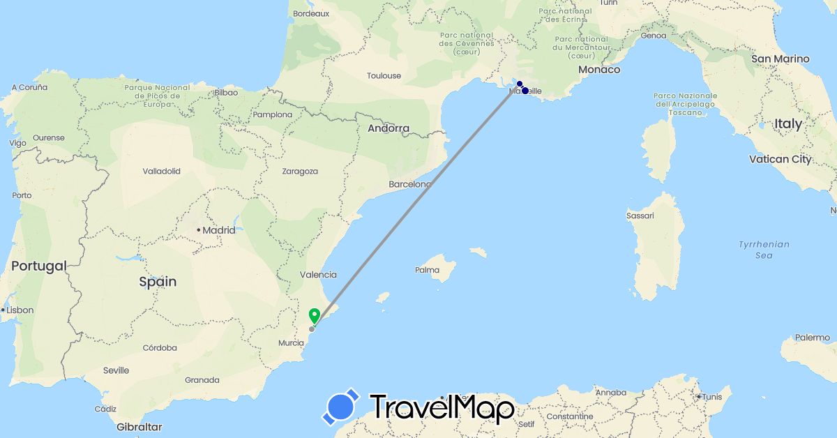 TravelMap itinerary: driving, bus, plane in Spain, France (Europe)